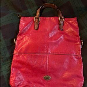 Fossil Red Leather Tote with Brown Handles